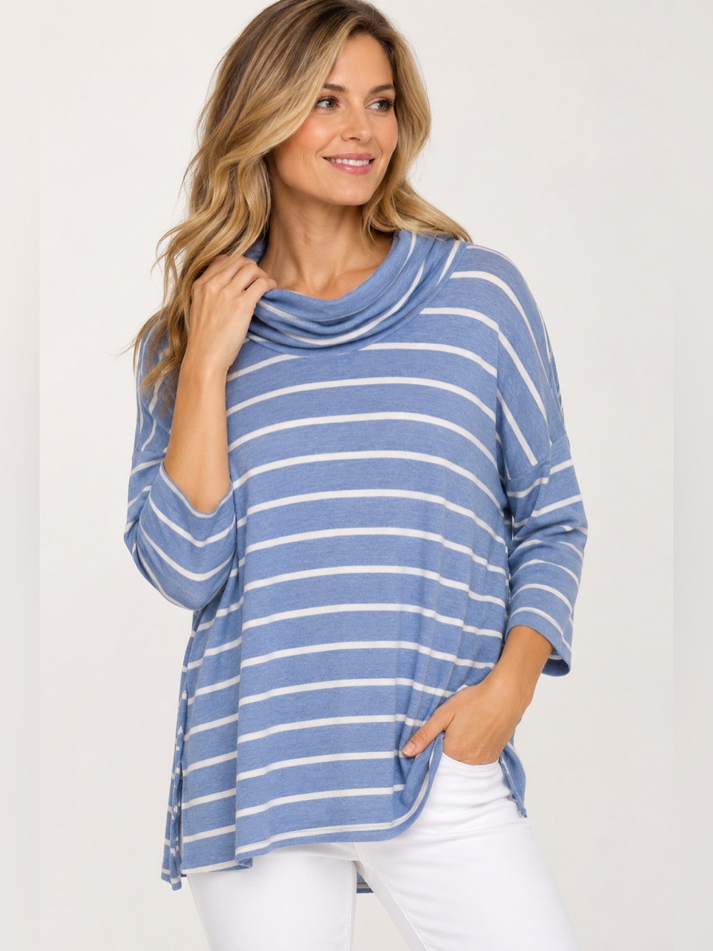 LOFT Blue & White Striped Cowlneck Tunic